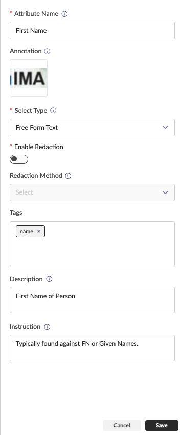 Configuring a standard text attribute with redaction disabled.