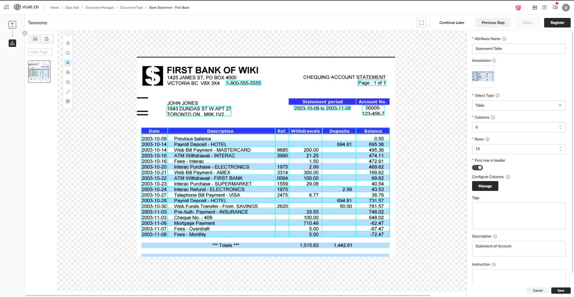Annotating a table and setting its dimensions.