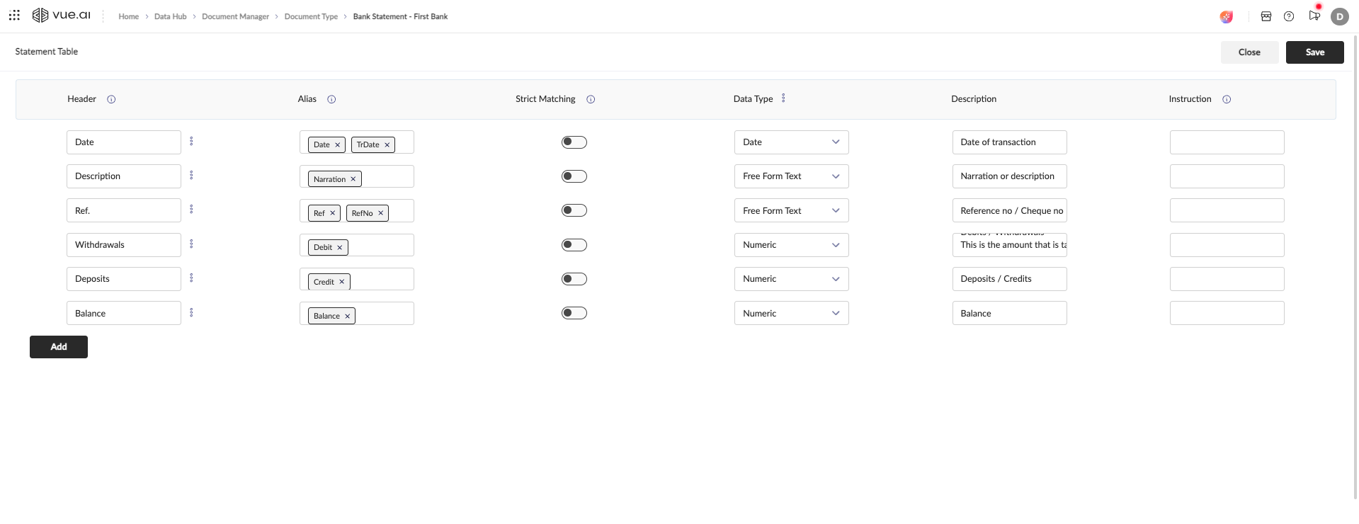 The detailed interface for managing a table's column schema.