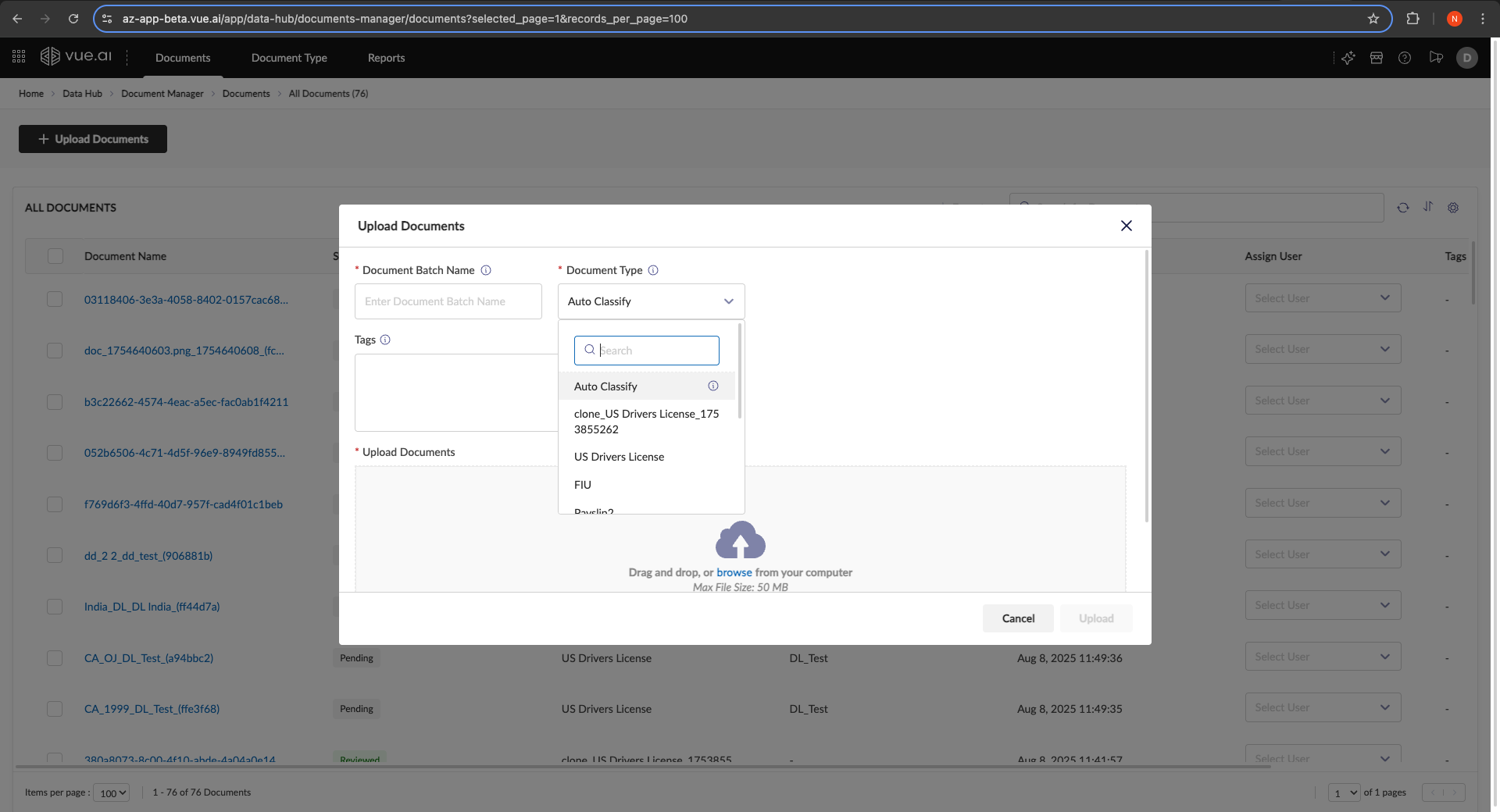 Choose a specific Document Type or use Auto Classify.